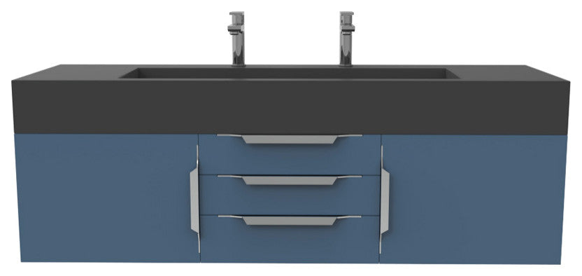 CastelloUSA Nile 60" Wall Mounted Vanity Set, Blue, Black Top, Chrome Handles