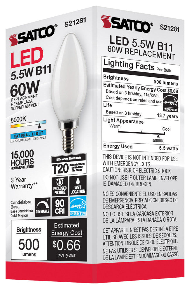 5.5W B11 LED, Frost, Candelabra Base, 90 CRI, 5000K, 120V