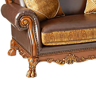 Dresden Loveseat With 2 Pillows, Brown PU and Chenille, Cherry Oak