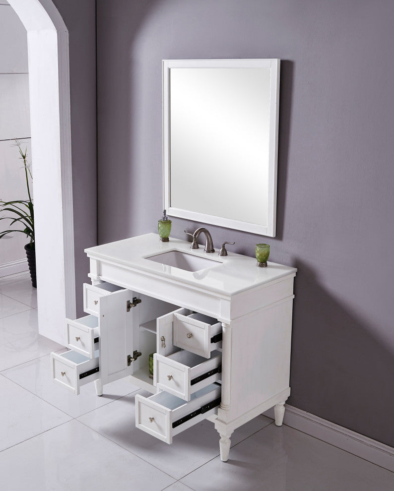 42" Single Bathroom Vanity, Antique White With Ivory White Engineered Marble