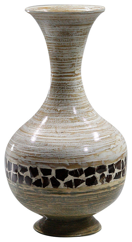 HomeRoots Zoe Distressed White And Khaki With Coconut Shell Spun Bamboo Vase