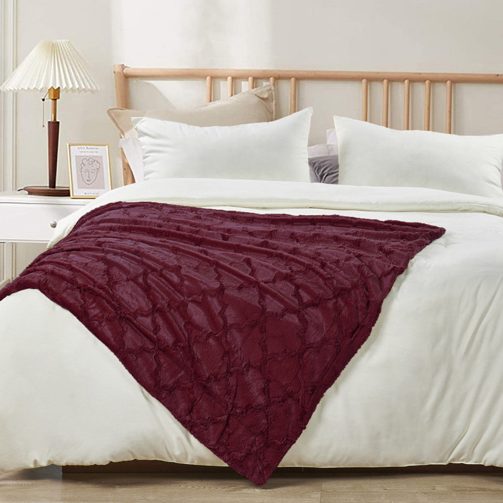Ashley Brushed Faux Fur & Matching Sherpa Borrego Backing Throw, Burgundy, 50" X 60"