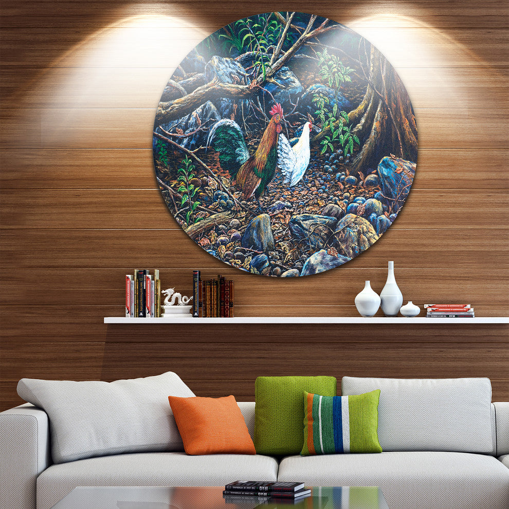 Jungle Fowl In Forest, Landscape Digital Art Round Wall Art, 11"