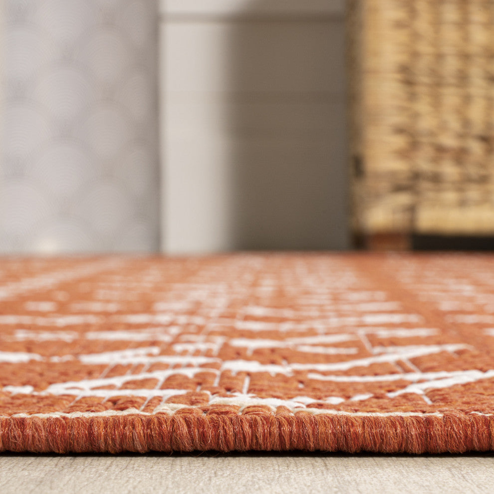 Ourika Moroccan Geometric Indoor/Outdoor Rug, Orange/Cream, 2x10