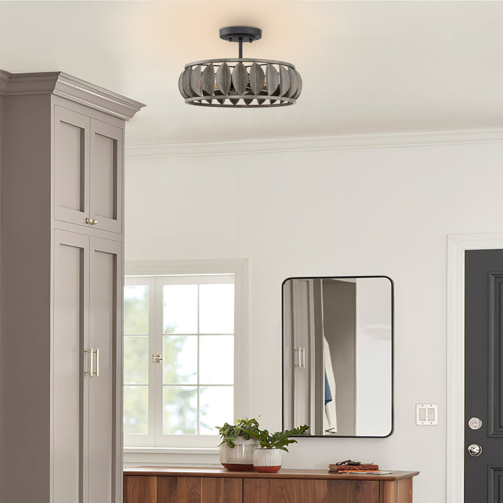 Kira Home Eclipse 16" Farmhouse, Leaf Design Metal Shade, Gray Oak Wood Style