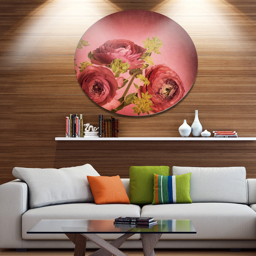 Ranunculus Flowers Stem On Pink, Floral Disc Metal Artwork, 23"