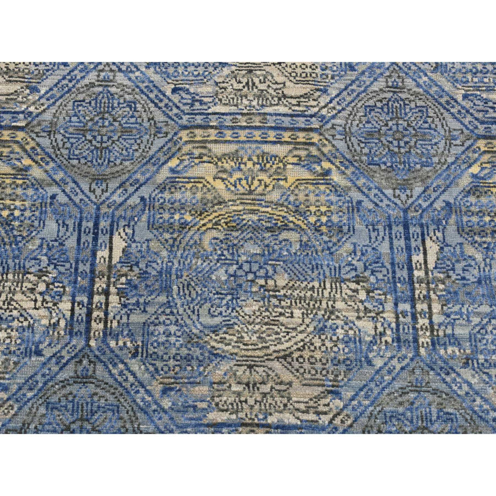 Blue Repetitive Rosette Design Silk With Wool Hand Knotted Runner Rug 2'8"x9'1"