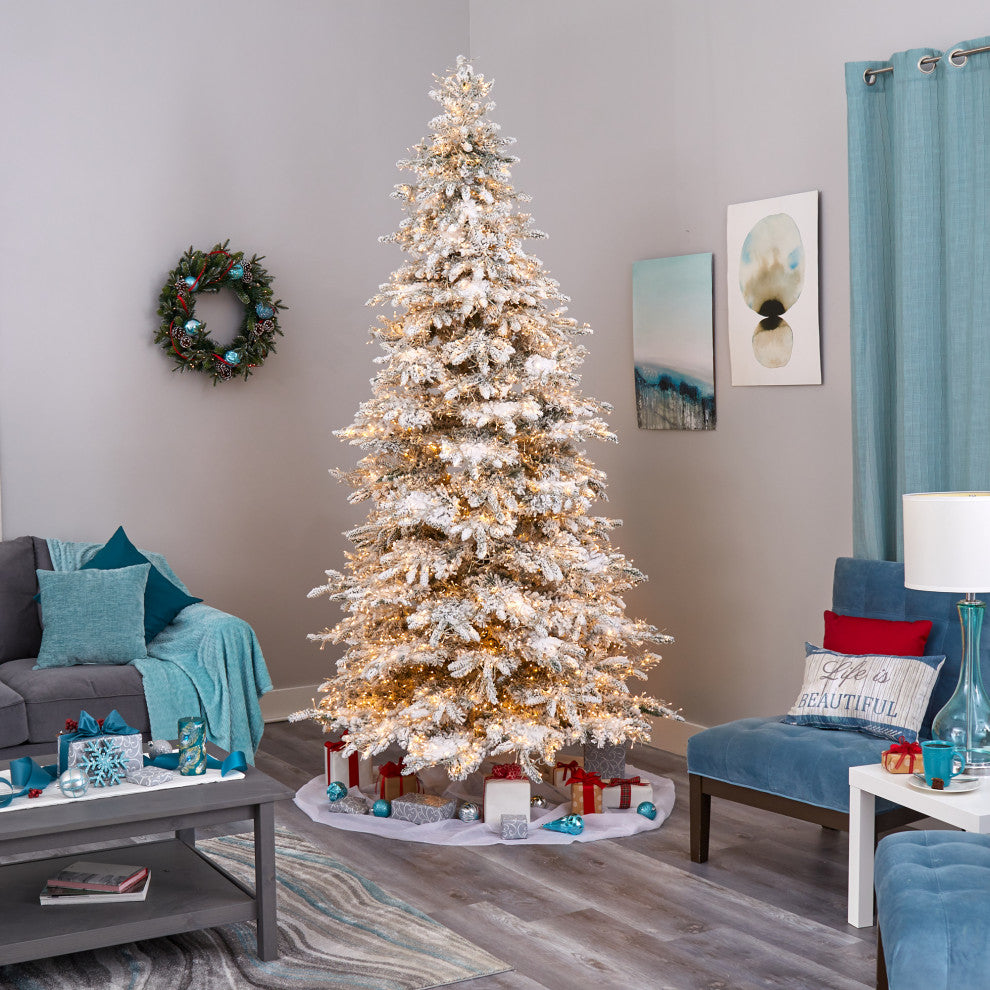 9' Flocked Grand Northern Rocky Fir Faux Xmas Tree W/Lights & Bendable Branches