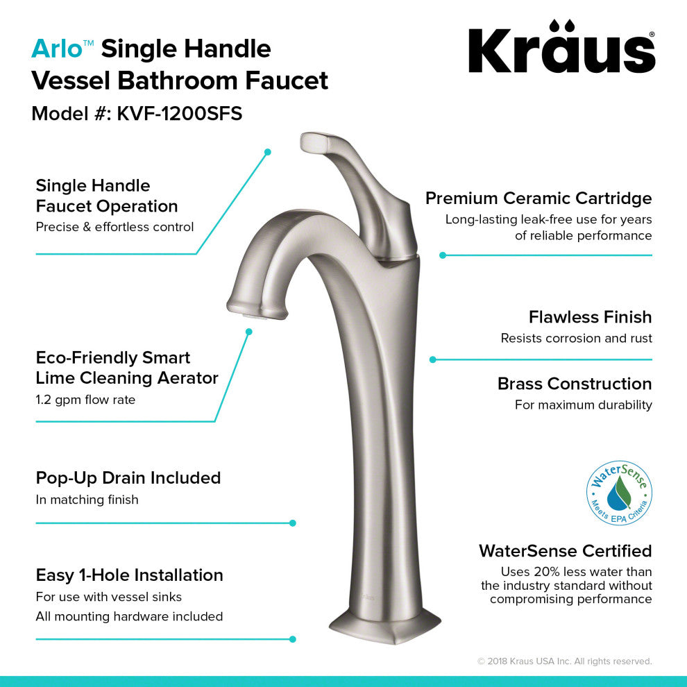 Kraus Arlo Single Handle Vessel Faucet, Pop Up Drain, Spot-Free SS, Set of 2