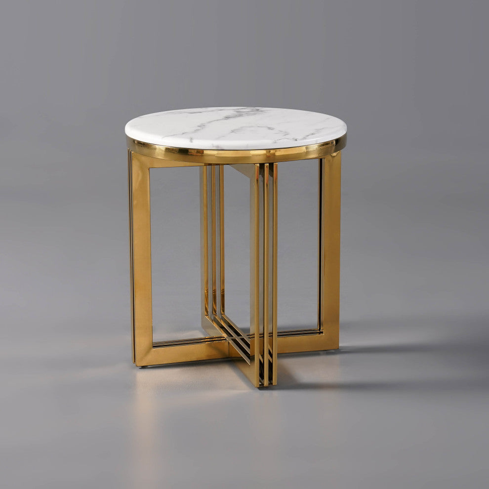 Modern Round Marble-top End Table Side Table in White & Gold