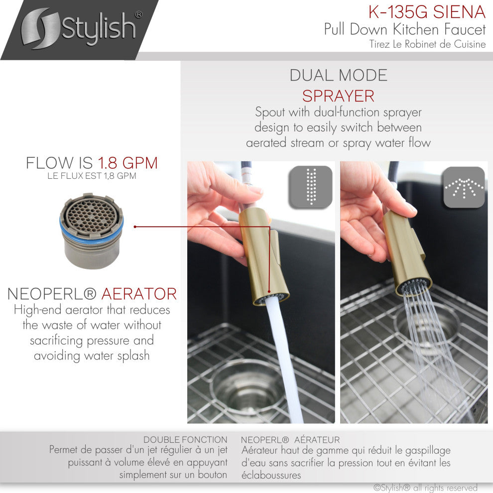 STYLISH Kitchen Sink Faucet Single Handle Pull Down Dual Mode Brushed Gold