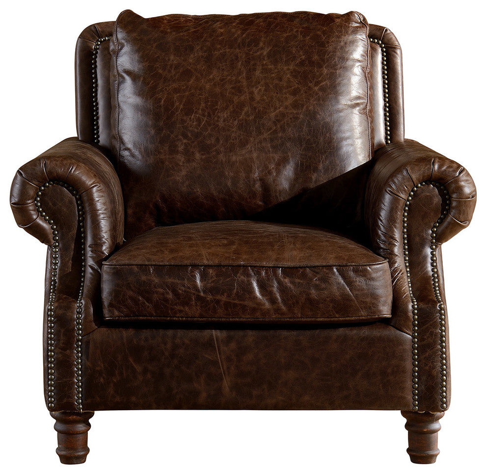 Leather English Rolled Arm, Arm Chair, Dark Brown Leather