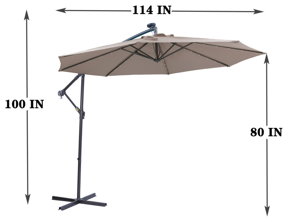 10' Steel Patio Hanging Cantilever Umbrella With 32 Solar LED Lights, Brown