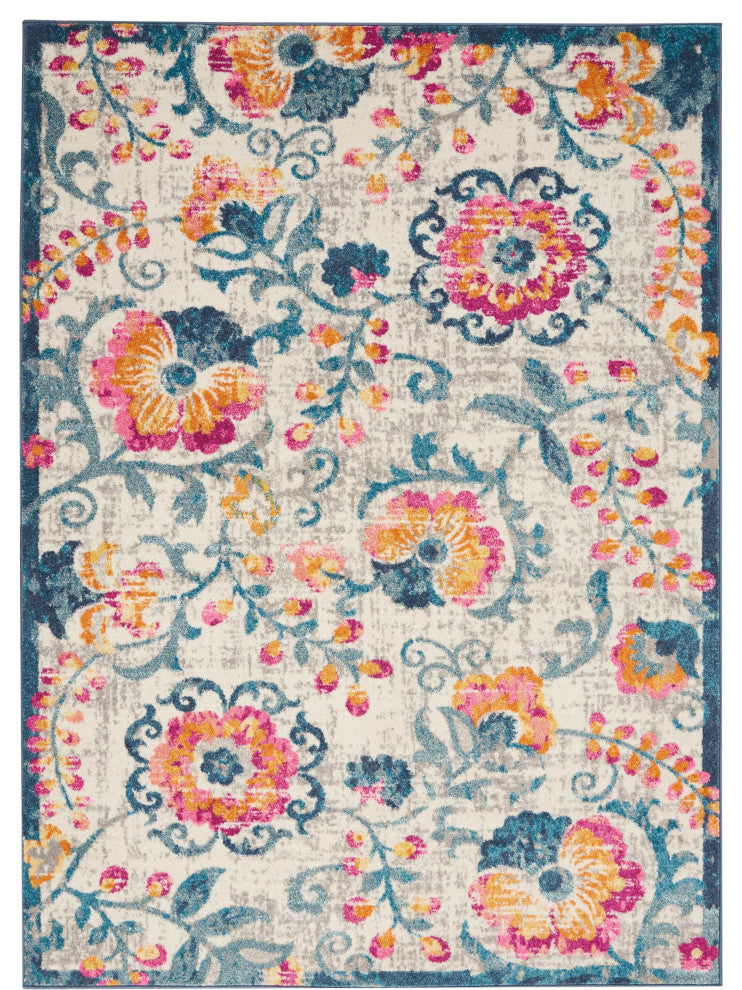 5' X 7' Ivory Floral Dhurrie Area Rug