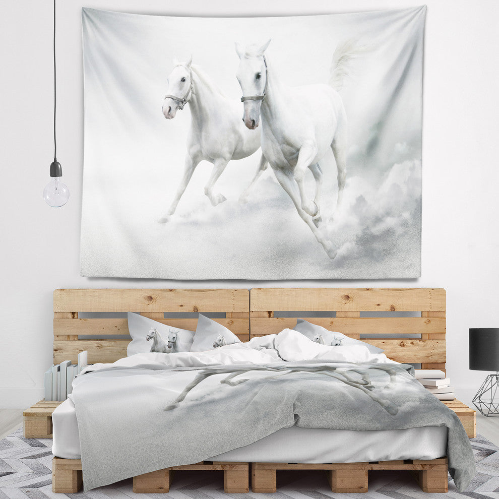 Running White Horses Animal Wall Tapestry, 80"x68"