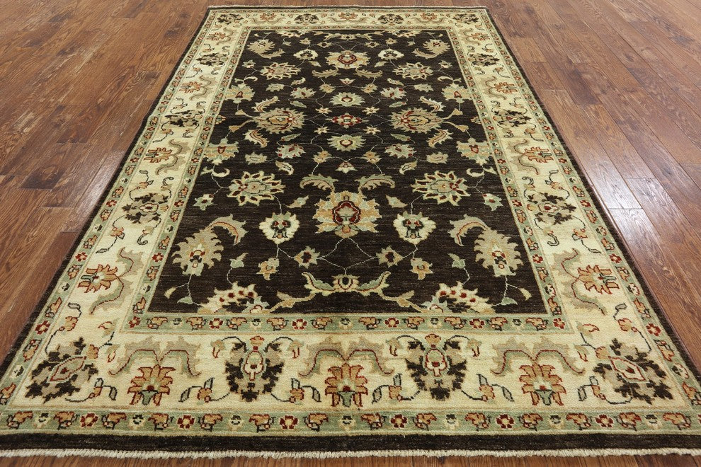 Brown Oushak Style Peshawar Quality Chobi Hand-Knotted Wool Rug, 6'x9'