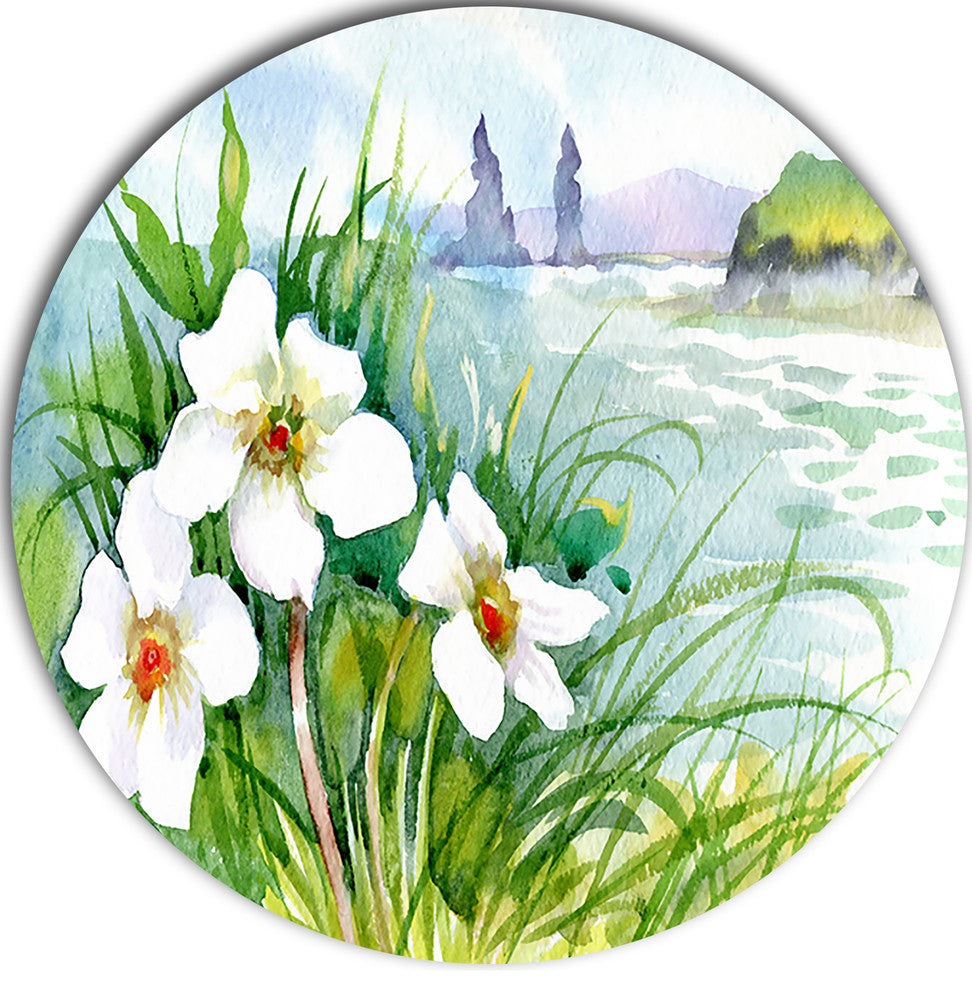 Blooming Flowers On Summer River, Landscape Disc Metal Artwork, 11"