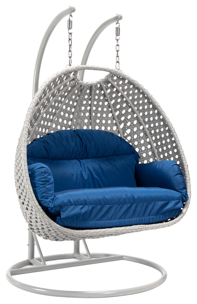 LeisureMod Mendoza Light Gray Wicker Hanging Double Egg Swing Chair, Blue