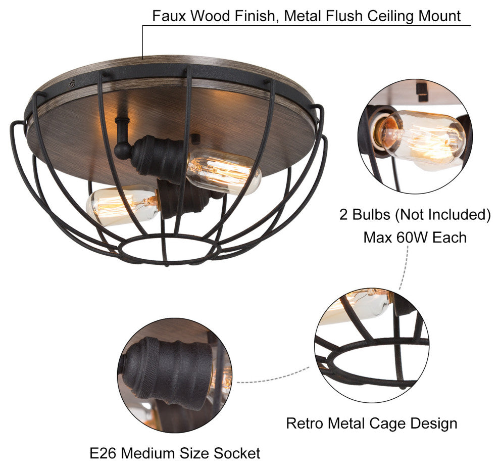 LNC Farmhouse 2-Light Balck Cage Flush Mount Ceiling Light With Wood Accent