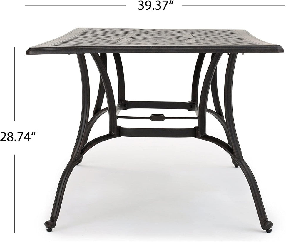 Industrial Outdoor Dining Table, Cast Aluminum Construction With Umbrella Hole