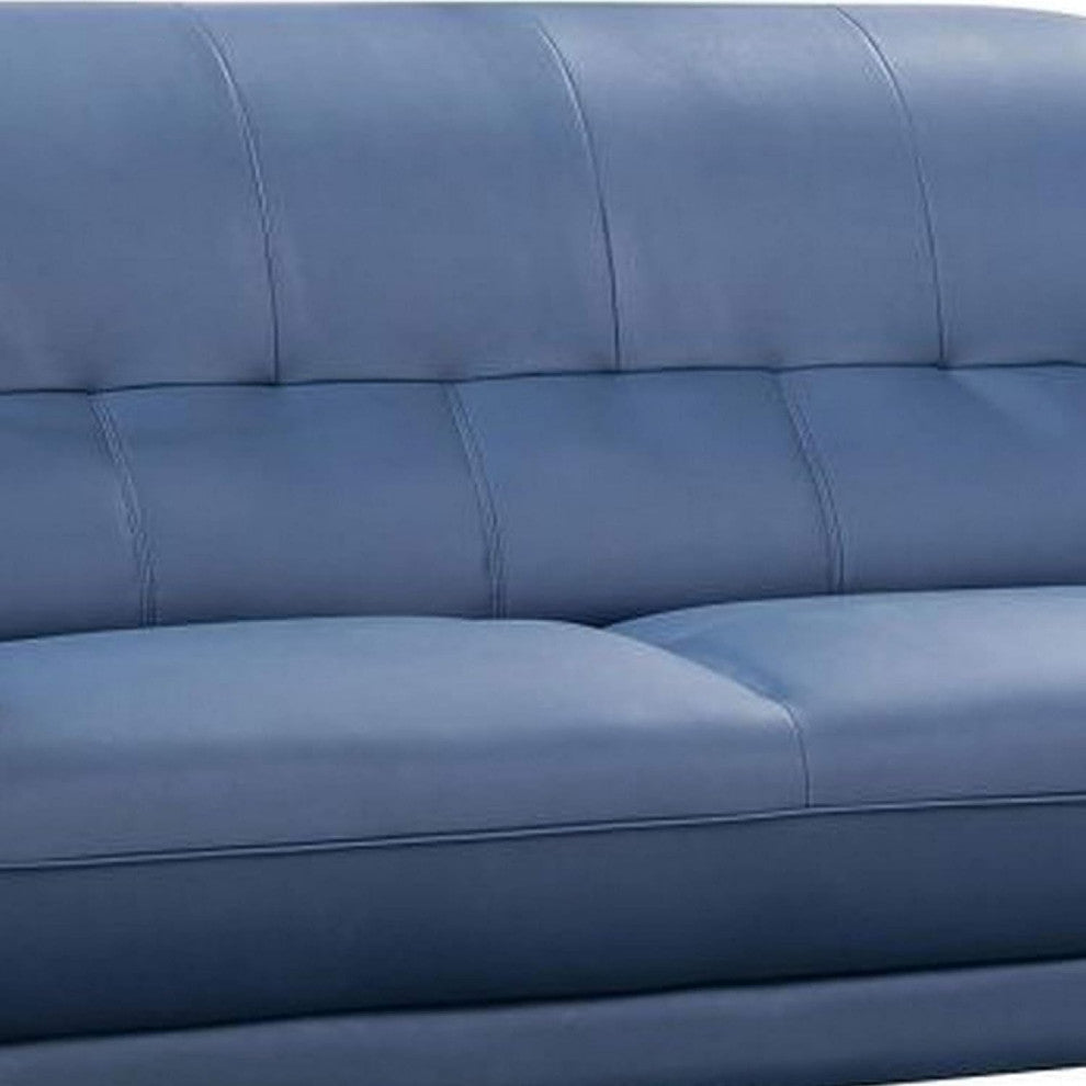 Benzara BM226686 Faux Leather Sofa With Curved Back and Pillow Top Armrest, Blue