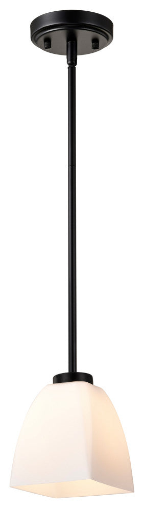 1-Light Matte Black Mini Pendant With Pyramid Shaped Etched White Glass Shade