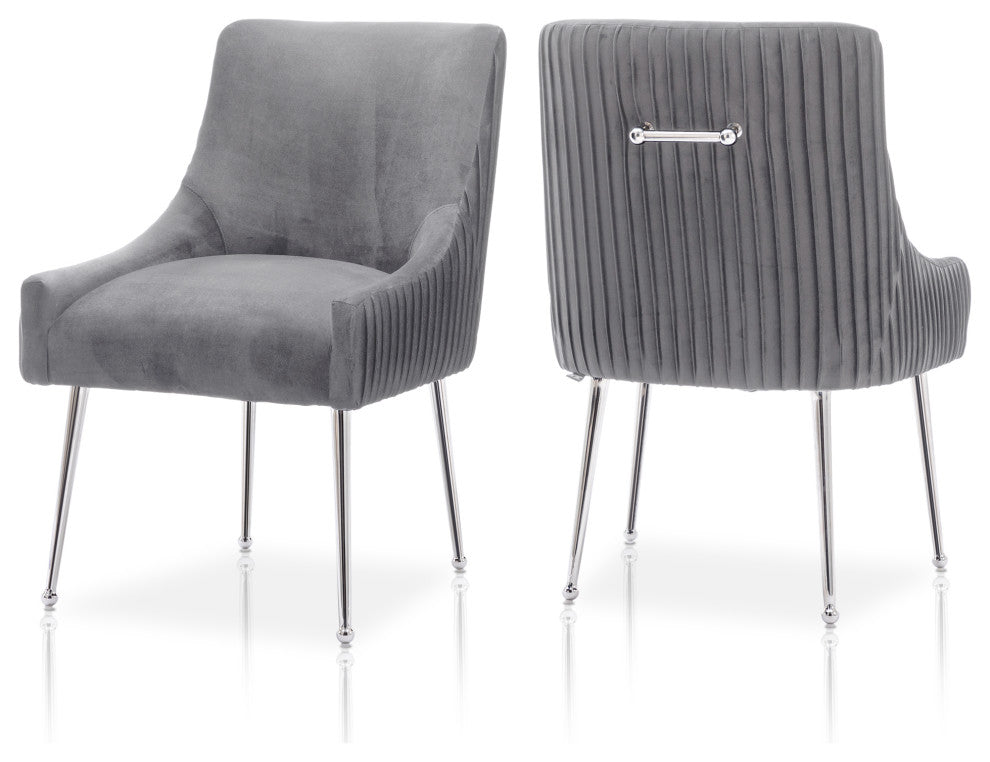 Pleated Velvet Dining Chair Set of 2, Tufted Accent Chair with Silver Legs, Gray