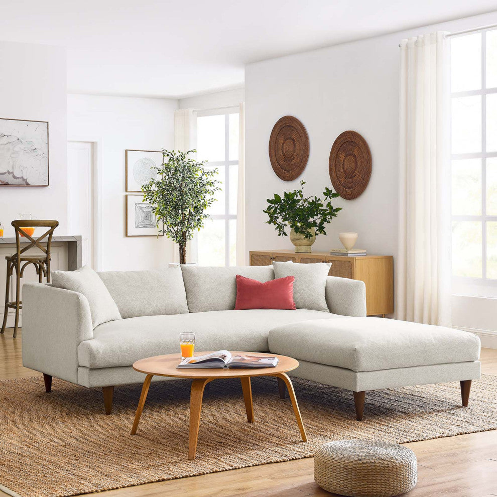 Zoya Down Filled Overstuffed Sofa and Ottoman Set, Heathered Weave Ivory