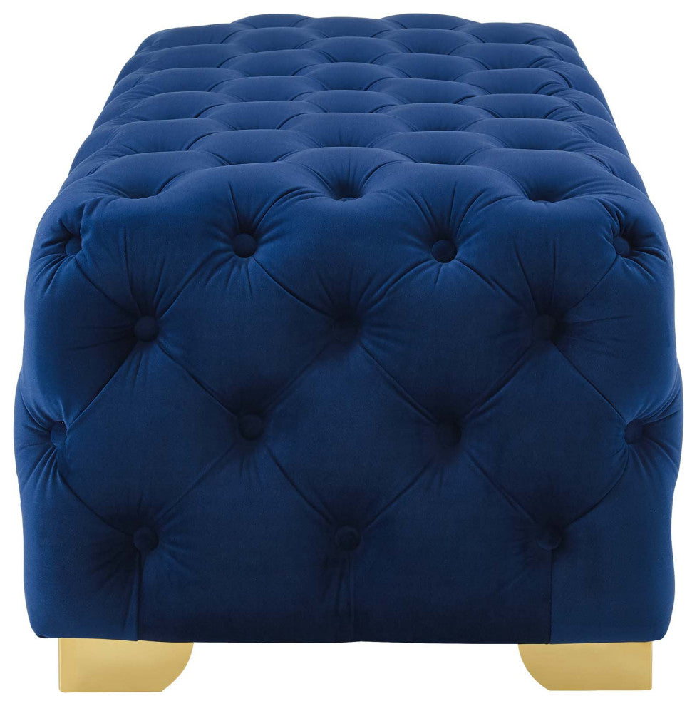 Modern Lounge Accent Chair Bench, Velvet Fabric Metal Steel, Navy Blue