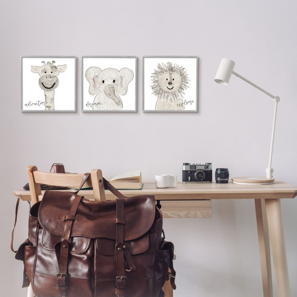 Cute Cartoon Animals Illustration Adventure Dream Explore Quote, 3pc, each 12x12