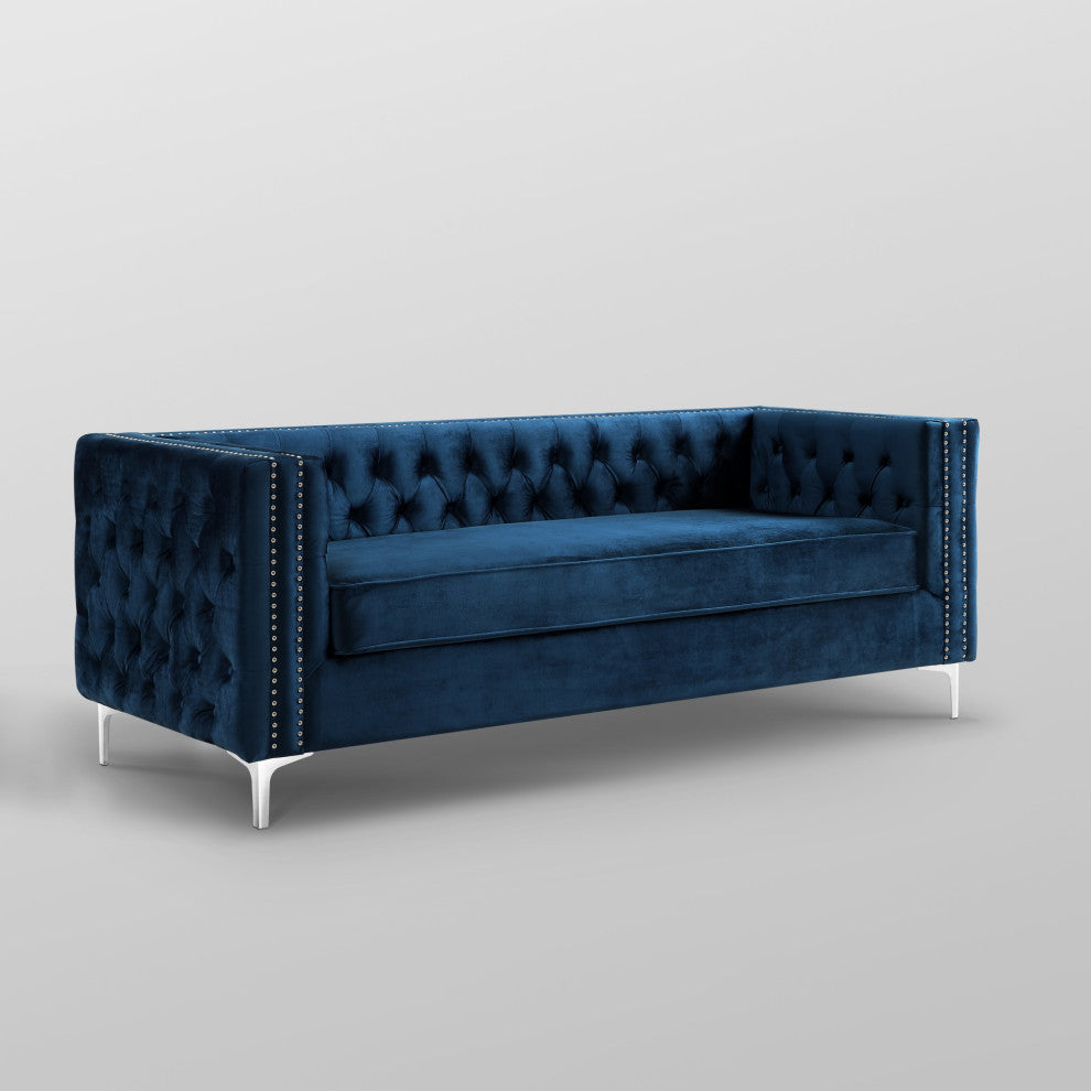 Jeannie Velvet 3-Seat Sofa Button Tufted With Metal Legs, Navy