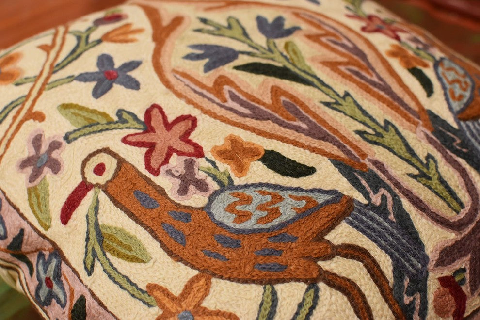 Floral Vase Tree of Life Two Crane Decorative Pillow Cover Handmade Wool 18x18"