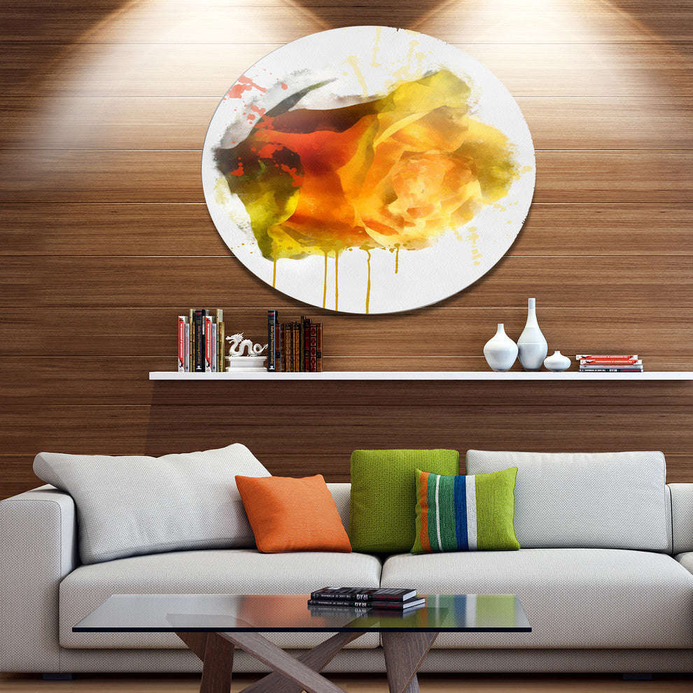Yellow Hand-Drawn Rose On White, Flower Large Disc Metal Wall Art, 23"