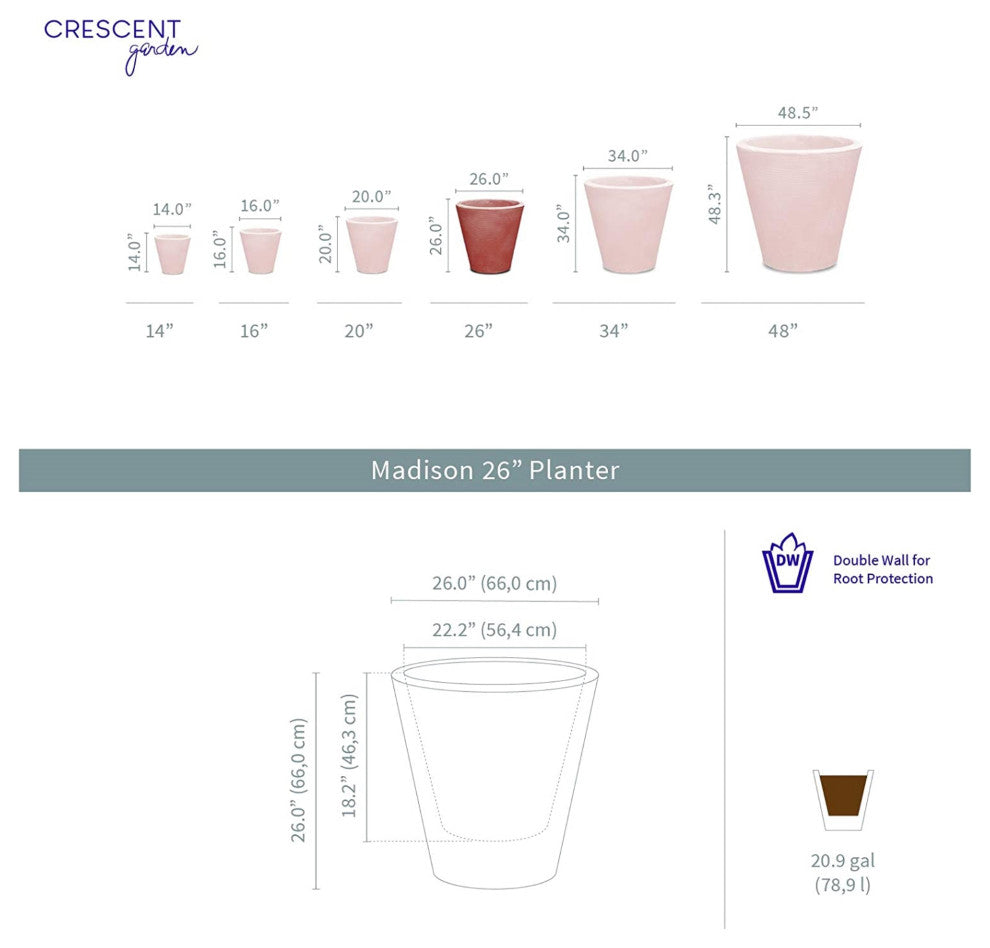 Crescent Garden Madison Planter, Double-Walled Plant Pot, 26" (Alpine White)