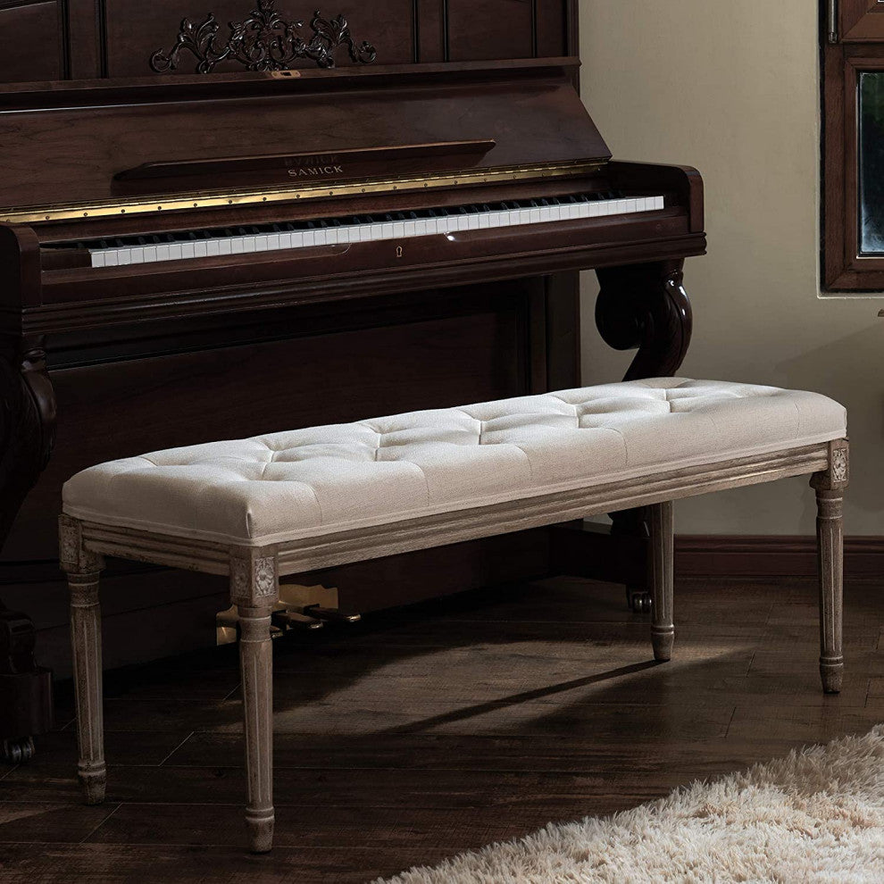 Extra-Long French Vintage Bench with Padded Seat & Rubberwood Legs
