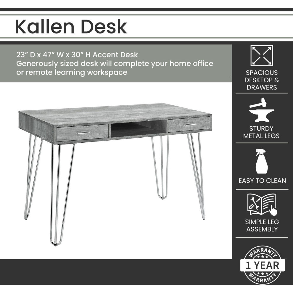 Kallen 47" Desk, Gray With Hairpin Legs