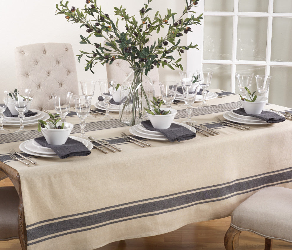 Cotton Tablecloth With Banded Design, 72"x72"
