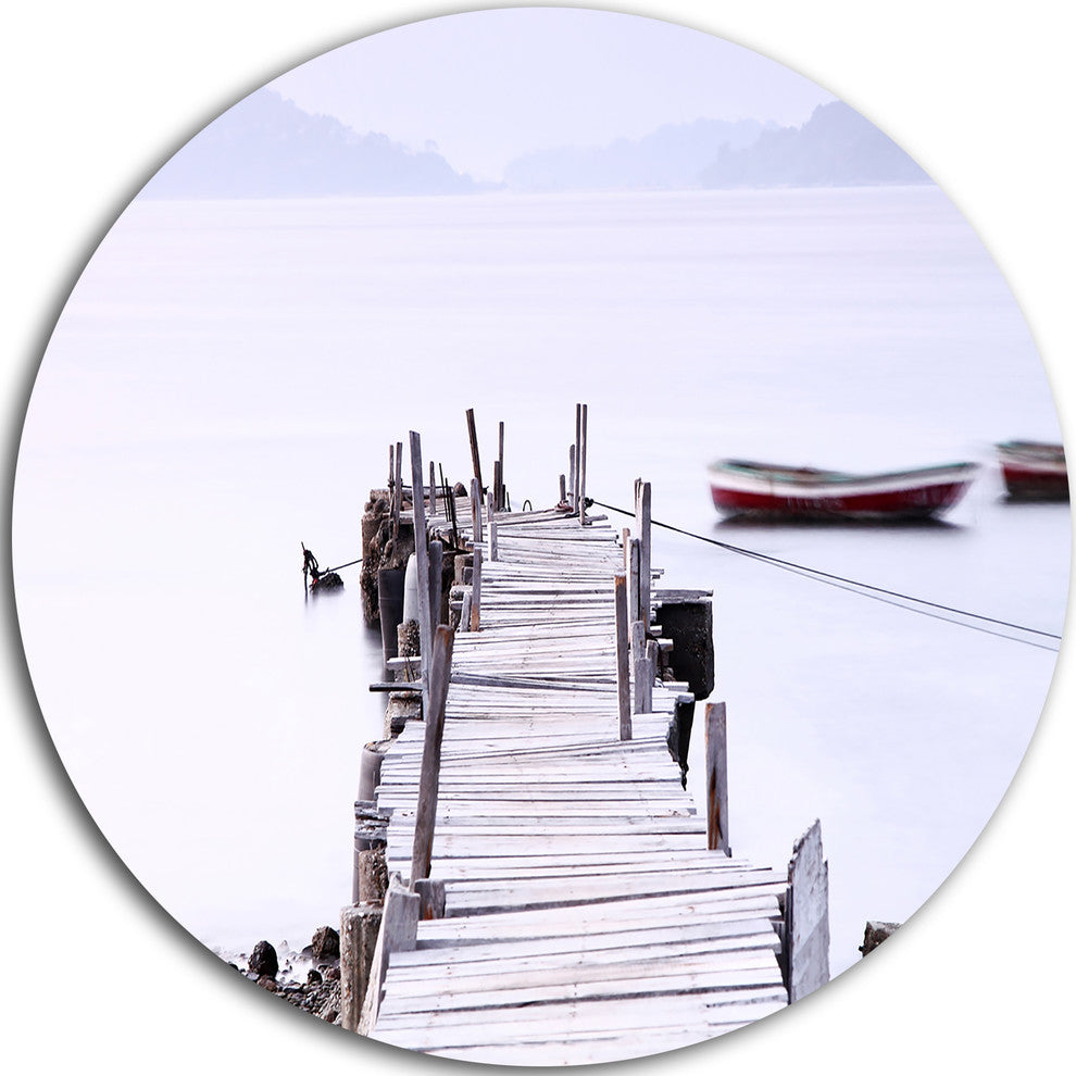 Foggy Sea With Pier And Boats, Seascape Photo Disc Metal Wall Art, 11"