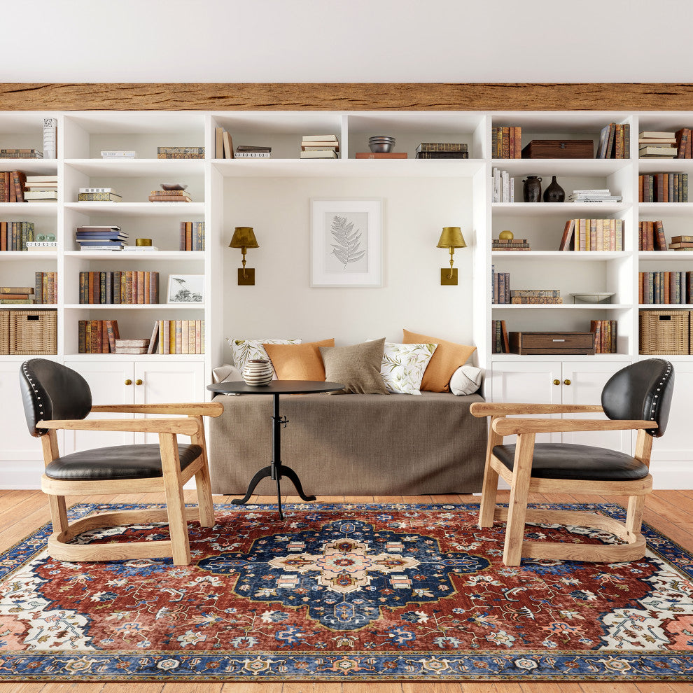 Amaryllis Medallion Machine Washable Area Rug, Rust 6'x9'