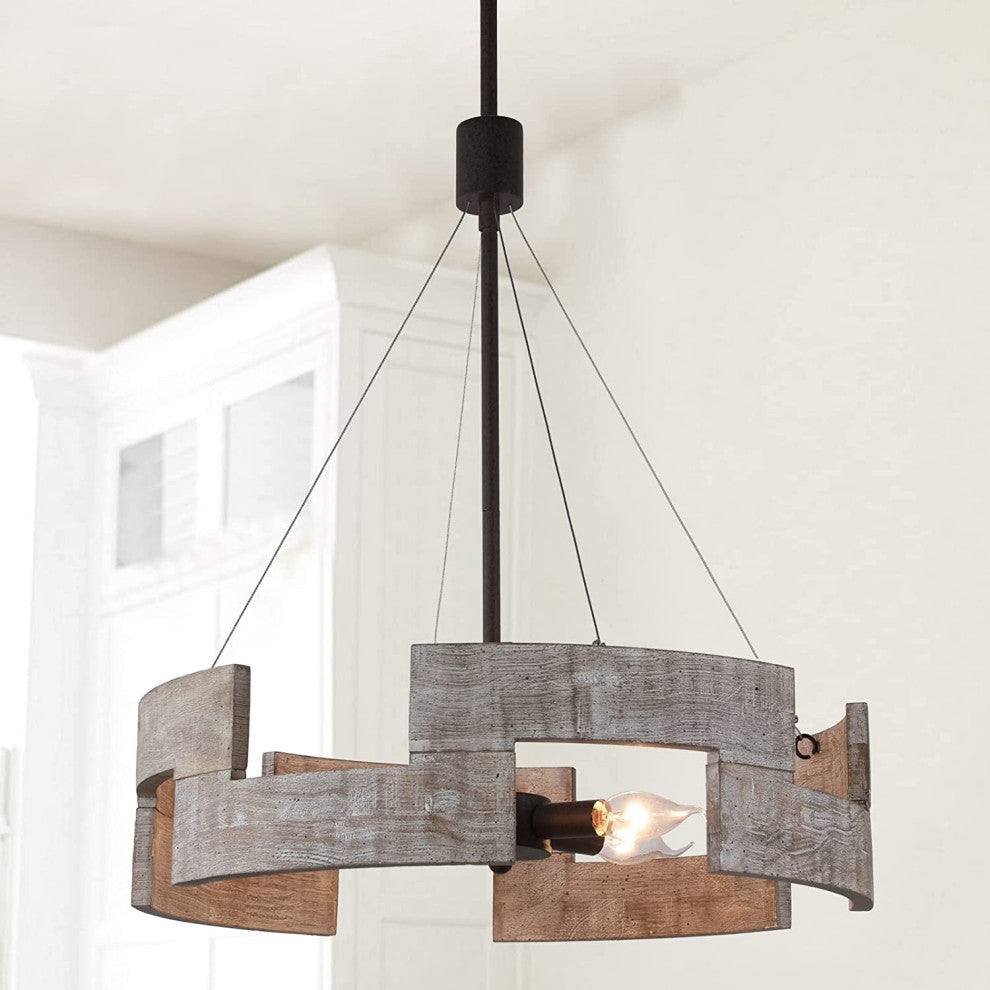5 Light Drum Wood Chandelier Circle Art Pendant Lighting
