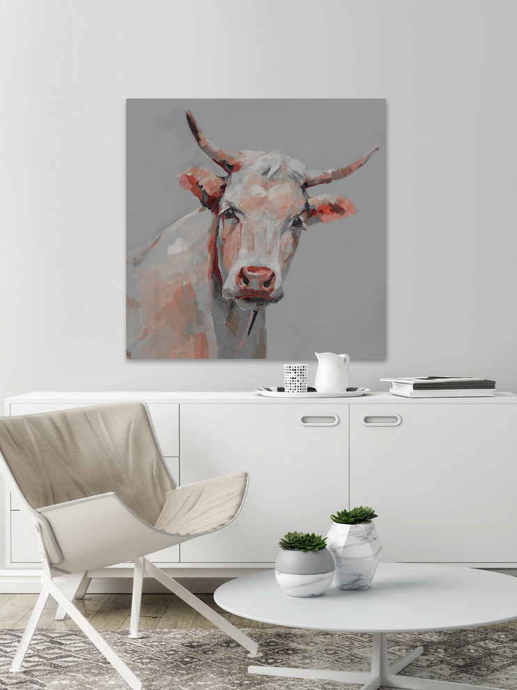 "Mischievous Cow" Painting Print on Wrapped Canvas, 12"x12"