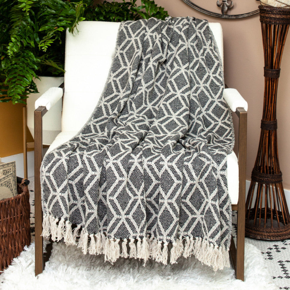 Gray and Beige Handloom Geometric Woven Throw Blanket