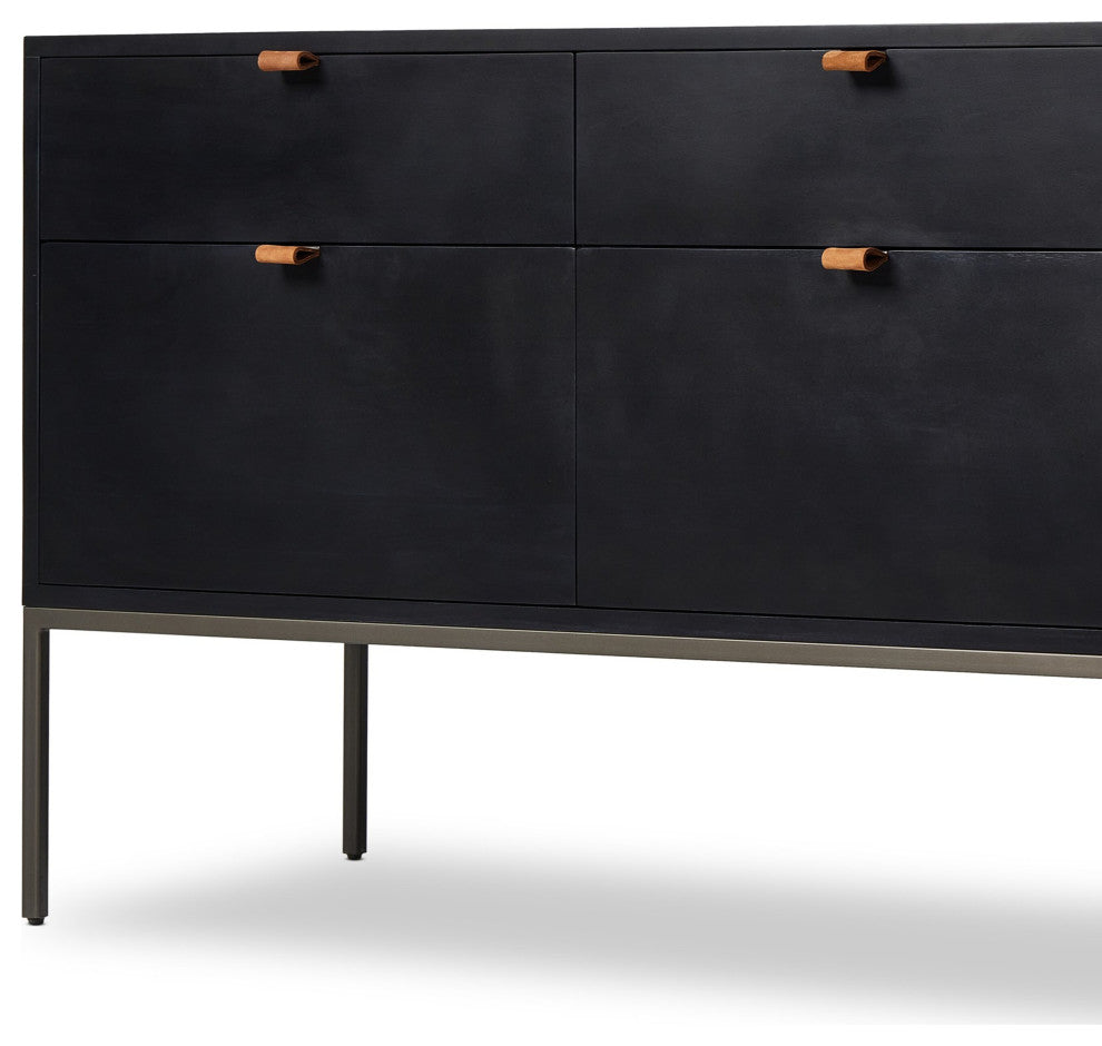 Trey Modular Wide Filing Cabinet Black Wash Poplar, Natural Iron, Toffee Leather