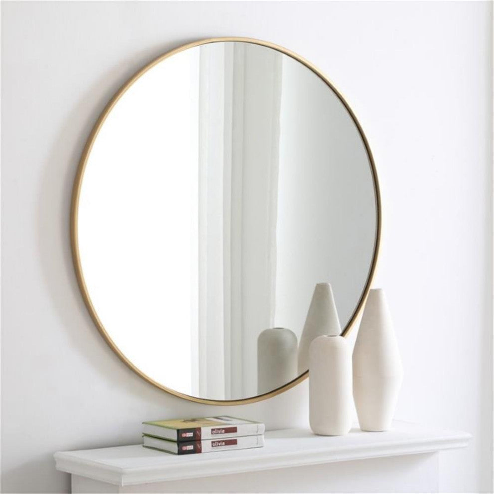 Pemberly Row 36" Round Contemporary Metal Frame Mirror in Brass