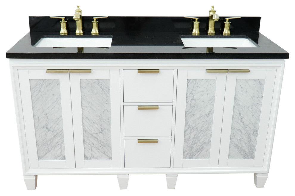 61" Double Sink Vanity, White Finish With Black Galaxy Granite