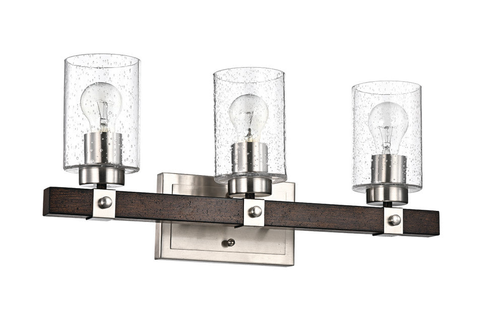 3-Light Brushed Nickel and Wood Vanity With Seedy Glass Sconces Farmhouse