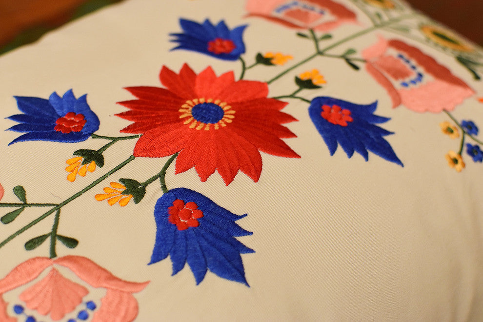 Lumbar Beige Floral Cotton Decorative Pillow Cover Silk Embroidery  18x18"