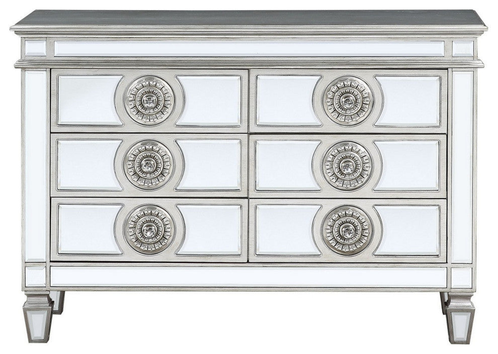 Benzara BM263895 Server With 6 Mirrored Drawers and Medallion Front, Silver