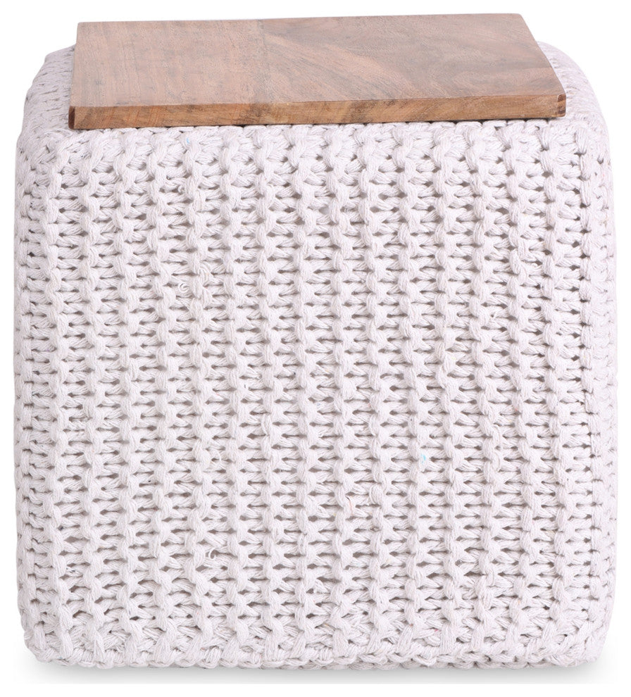 Loft Lyfe Roxy Ottoman, Hand Knitted, Wooden Tray, Cotton Yarn, White