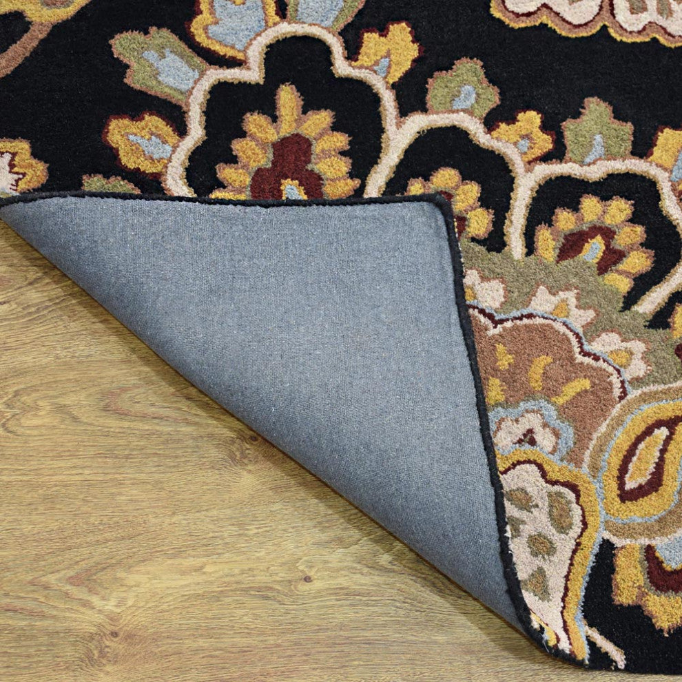 HAND TUFTED WOOL ECO-FRIENDLY AREA RUGS-Black Color, Floral Design